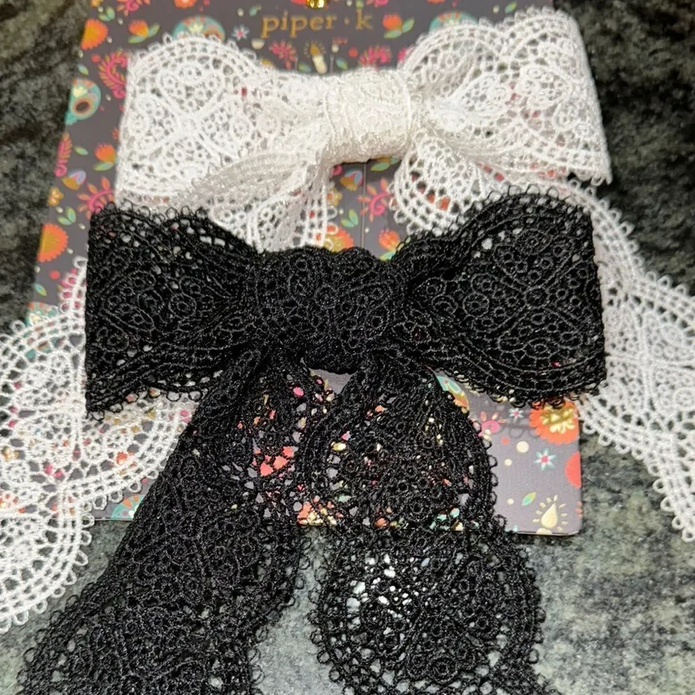 Piper Black and White Lace Hair Bows - Picture 2 of 5